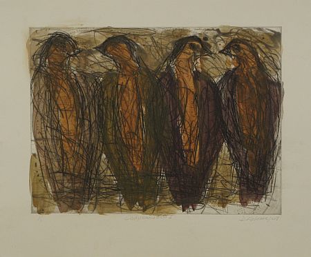 Click the image for a view of: David Koloane. Conversation I. 2009. Etching, drypoint. 430X518mm